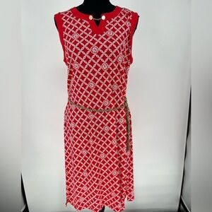 ANNE KLEIN RED AND WHITE‎ HONEYCOMB PRINT GOLD  BELTED DRESS